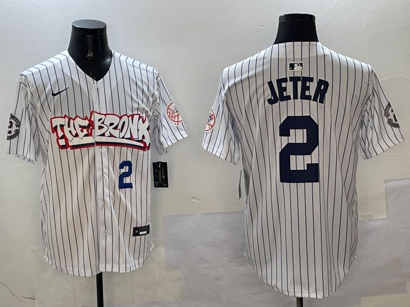 Men New York Yankees 2 Jeter White Stripe four generations Joint Name 2025 Nike MLB Jersey style 5